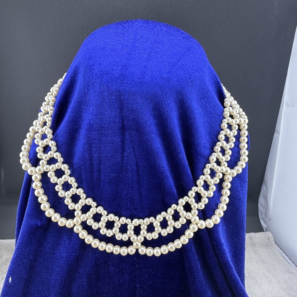 Vintage Estate Necklace White Faux Pearl Lace Collar Gold Tone‎ Hook 18in